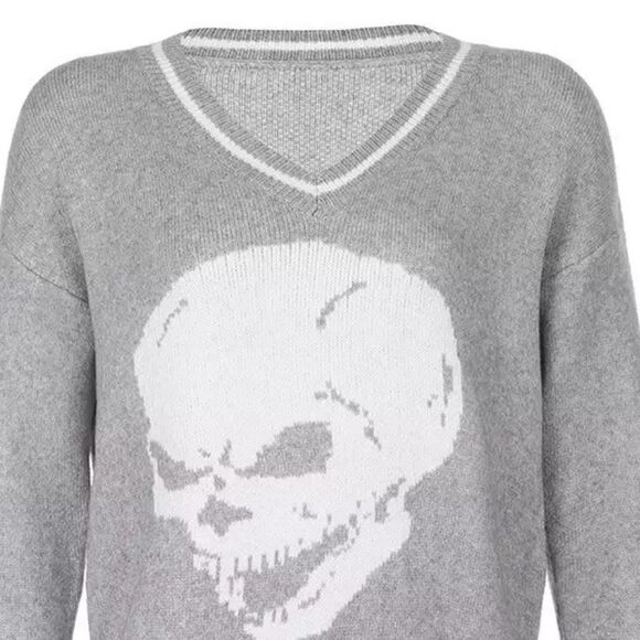NEW Argyle Sweater Graphic Hearts Skulls Super Soft Knitted V Neck Sweaters - Picture 4 of 4